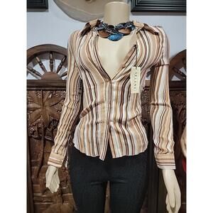 Selene Sport Sz S Striped Brown Women's Buttons Up Top Blouse RUNS SMALL NWT #C